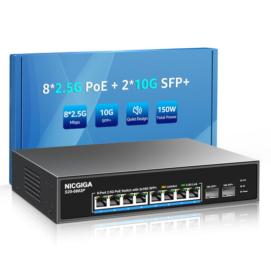 8 Port 2.5G PoE Switch Unmanaged with 8 Port 2.5Gb Base-T PoE+@130W + 2 x 10G SFP+ Uplink, NICGIGA 10 Port 2.5Gbe IEEE802.3af/at Power Over Ethernet
