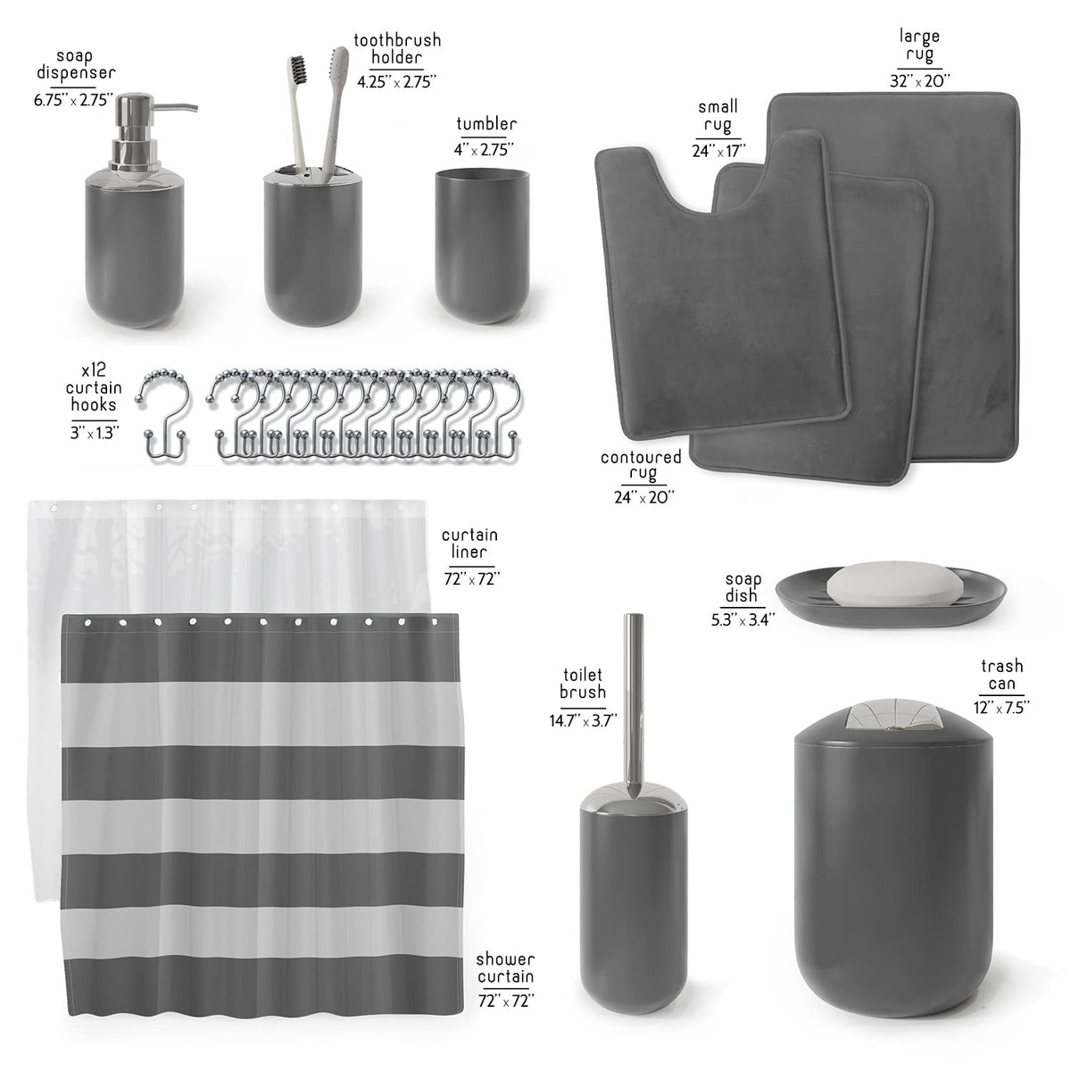 Clara Clark Gray Bathroom Accessories Set Complete with Bathroom Rugs Set and Shower Curtain Set, 12 Piece Bathroom Sets with Rugs and Accessories