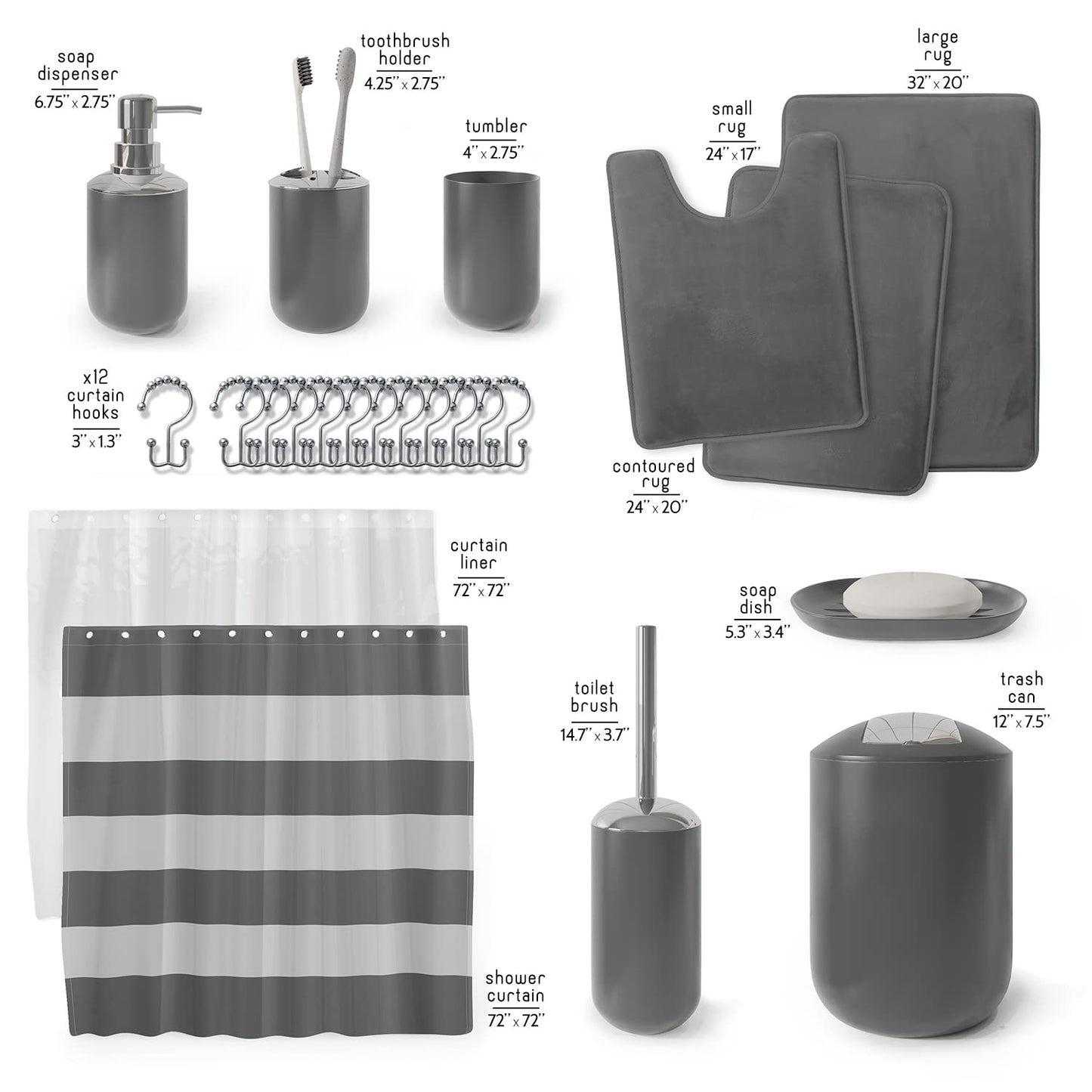 Clara Clark Gray Bathroom Accessories Set Complete with Bathroom Rugs Set and Shower Curtain Set, 12 Piece Bathroom Sets with Rugs and Accessories