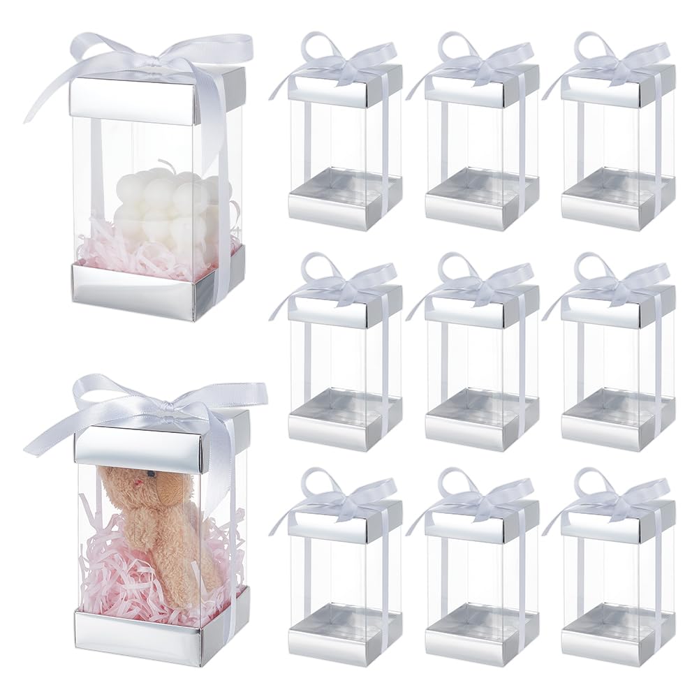 BENECREAT 10Pcs Clear Plastic Gift Box with Silver Paper Lid, Rectangle Gift Packaging Boxes with Polyester Ribbon for Birthdays