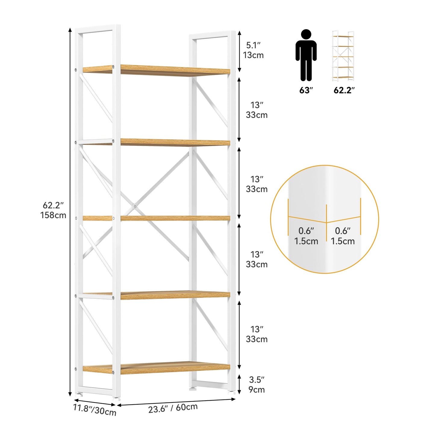 DWVO 5 Tiers Book Shelf, Wood and Metal Bookcase Storage Organizer, Industrial Bookshelf Tall Shelving Unit Display Rack for Living Room Kitchen