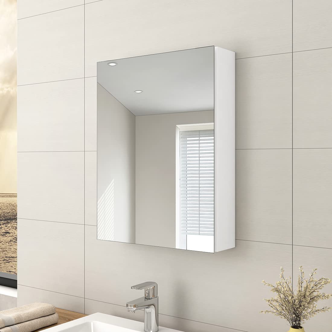 EMKE Bathroom Vanity Mirror Cabinet with Storage - Single Door Wall Mounted Frameless Medicine Cabinet, Makeup Bathroom Wall Storage
