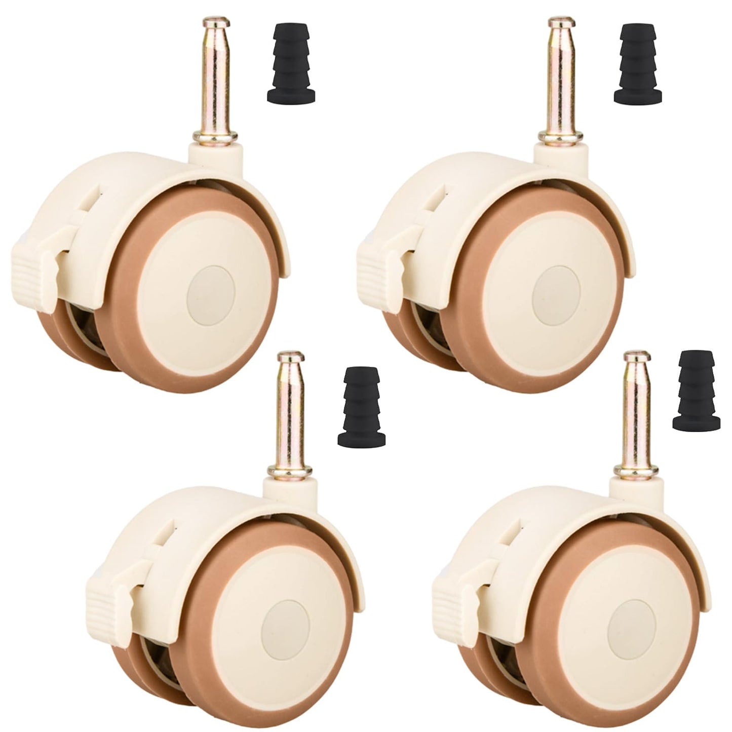 4 Pcs Swivel Double Castors with Rubber Sleeve and Brakes, Metal Plunger Stem Design Small Furniture Wheels, Crib Replacement Caster for Cabinet