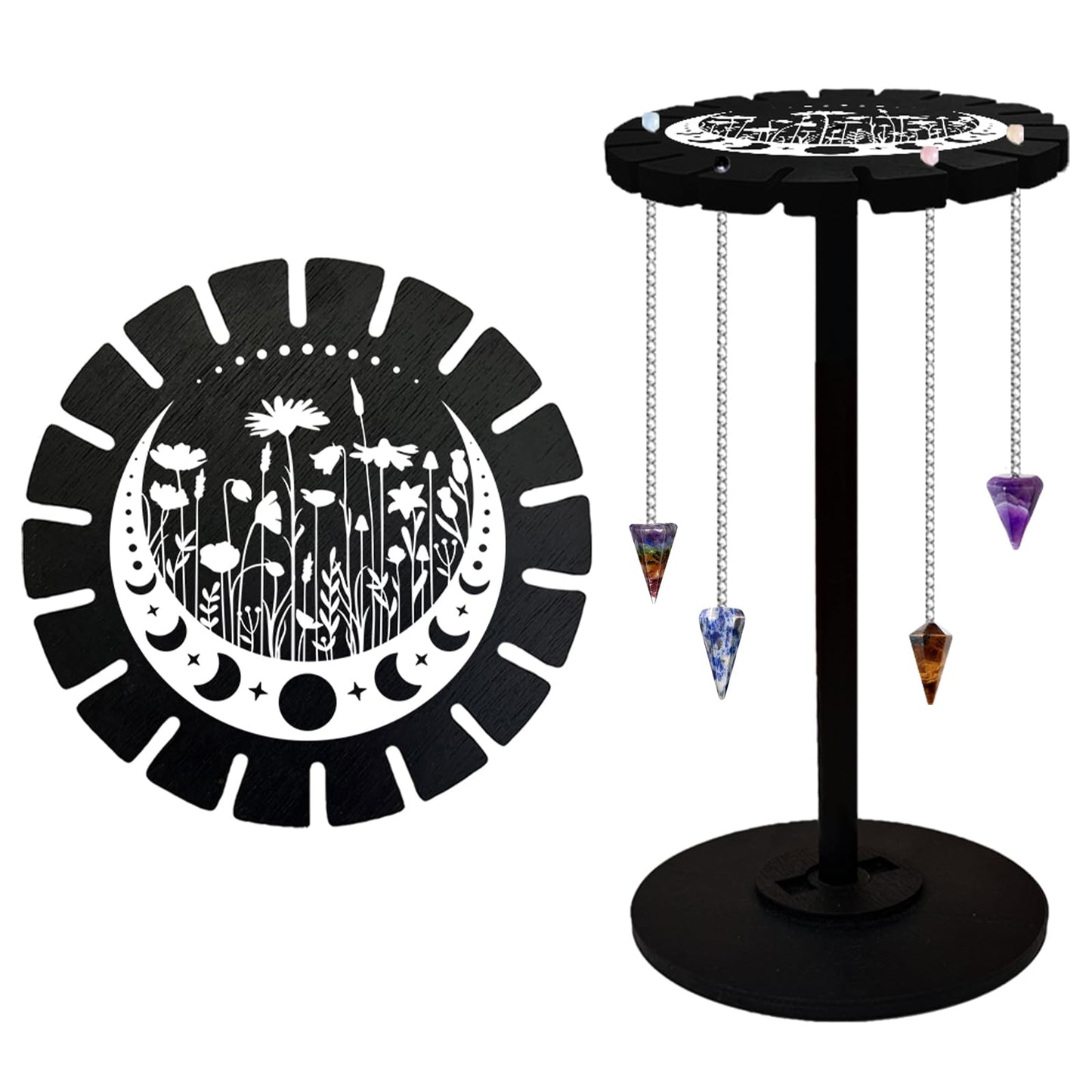 CHGCRAFT Moon Flower Crystal Shelf Display Stand with Hand Moon Witch Stuff Wooden Pendulum Holder for Crystal Essential Oil
