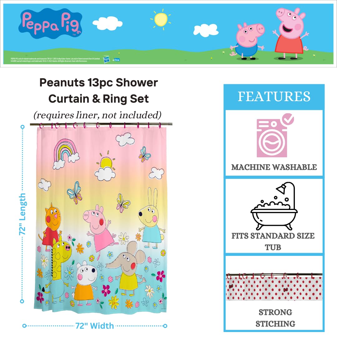 Franco Peppa Pig 13 Piece Shower Curtain and Ring Set, (100% Officially Licensed Product)
