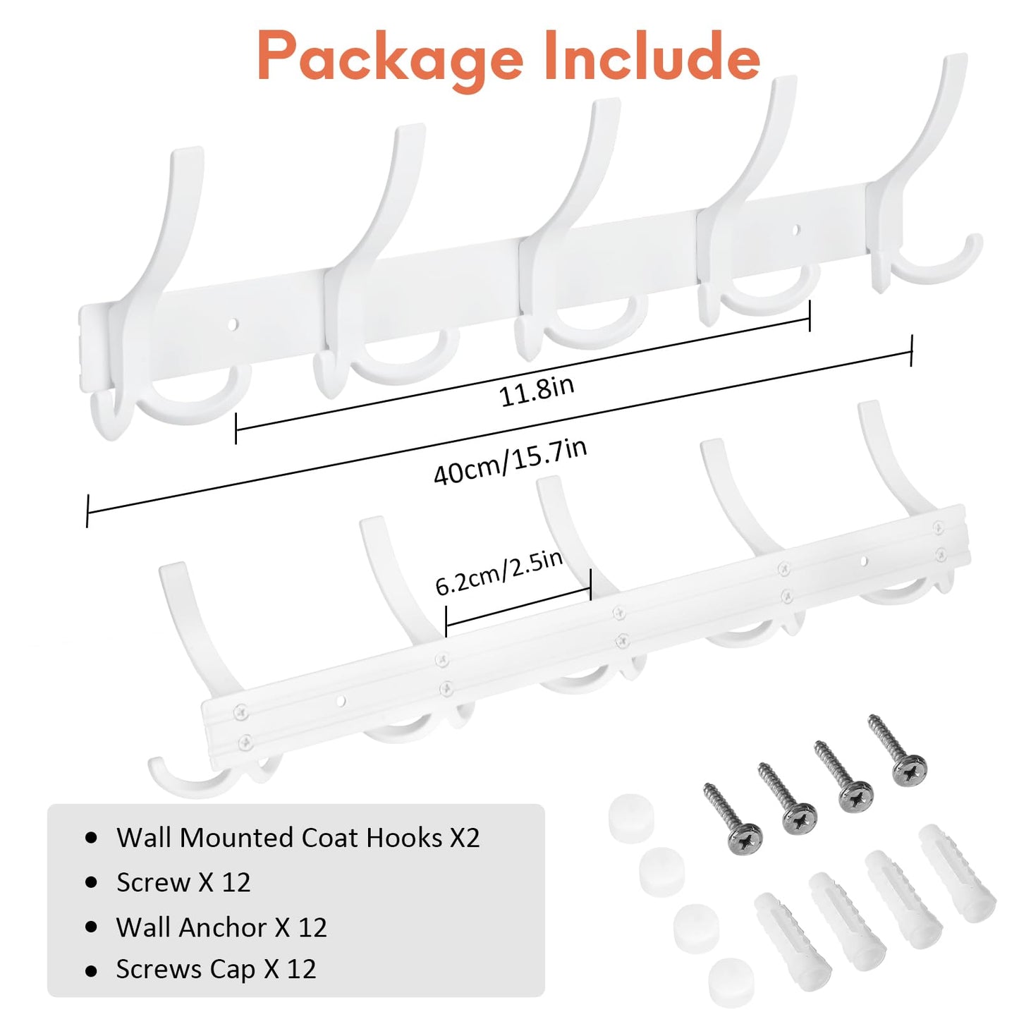 Optish Coat Hooks Wall Mounted, 2 Pack Coat Rack Wall Mount with 15 Hooks, White Wall Coat Hooks for Jackets, Hats, Bags, for Entryway, Bedroom