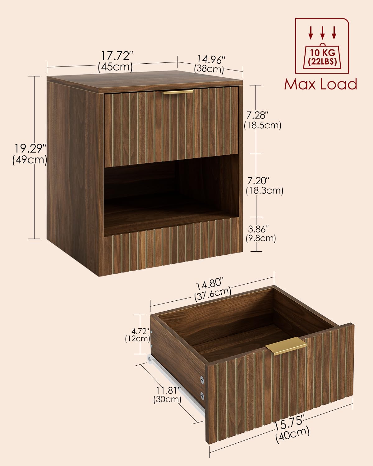 Apetaccat Bedside Table,45x38x49cm, Farmhouse Wooden Bedside Cabinet with Drawer,Kids Bedside Table Nightstand for Bedroom,Living Room,Office,Walnut