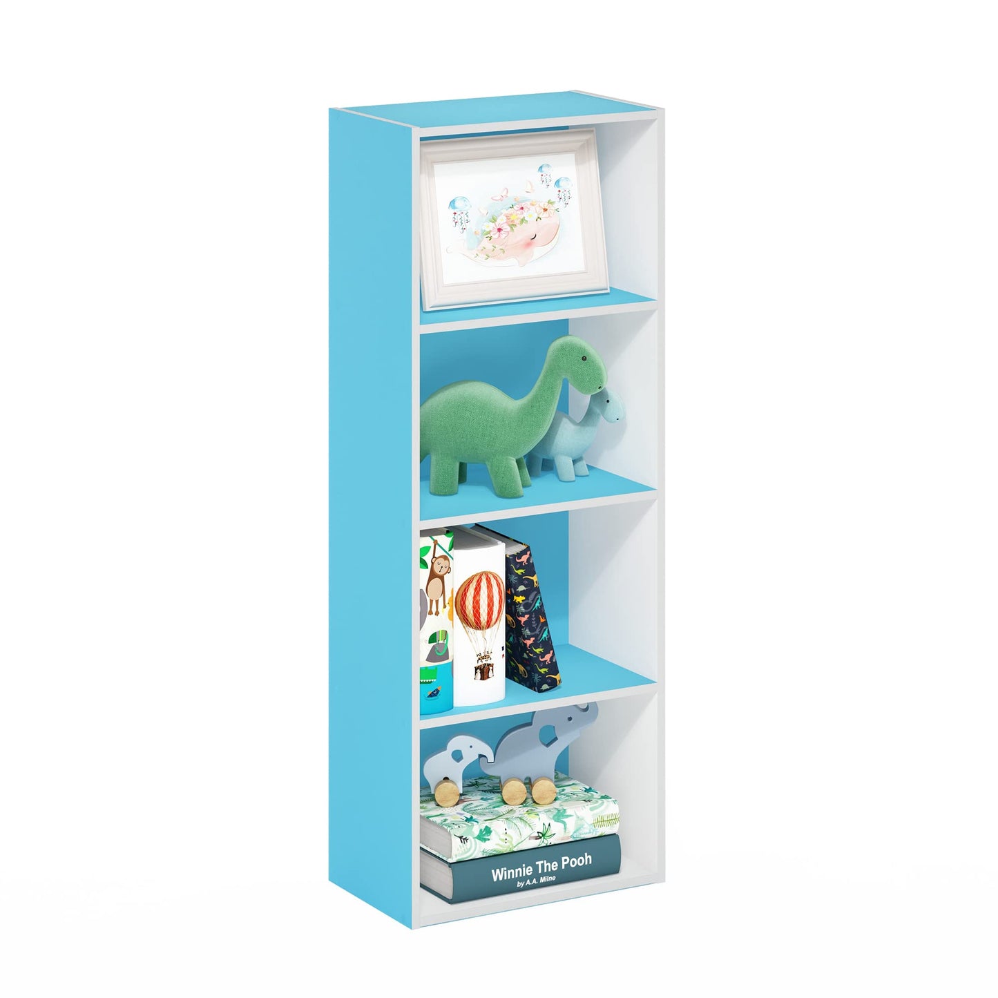 Furinno LUDER Book Shelf, 4-Tier Bookshelf, Bookcase with Open Shelf, 9.3 x 15.6 x 41.7, for Living Room, Bedroom, Home Office, Light Blue/White