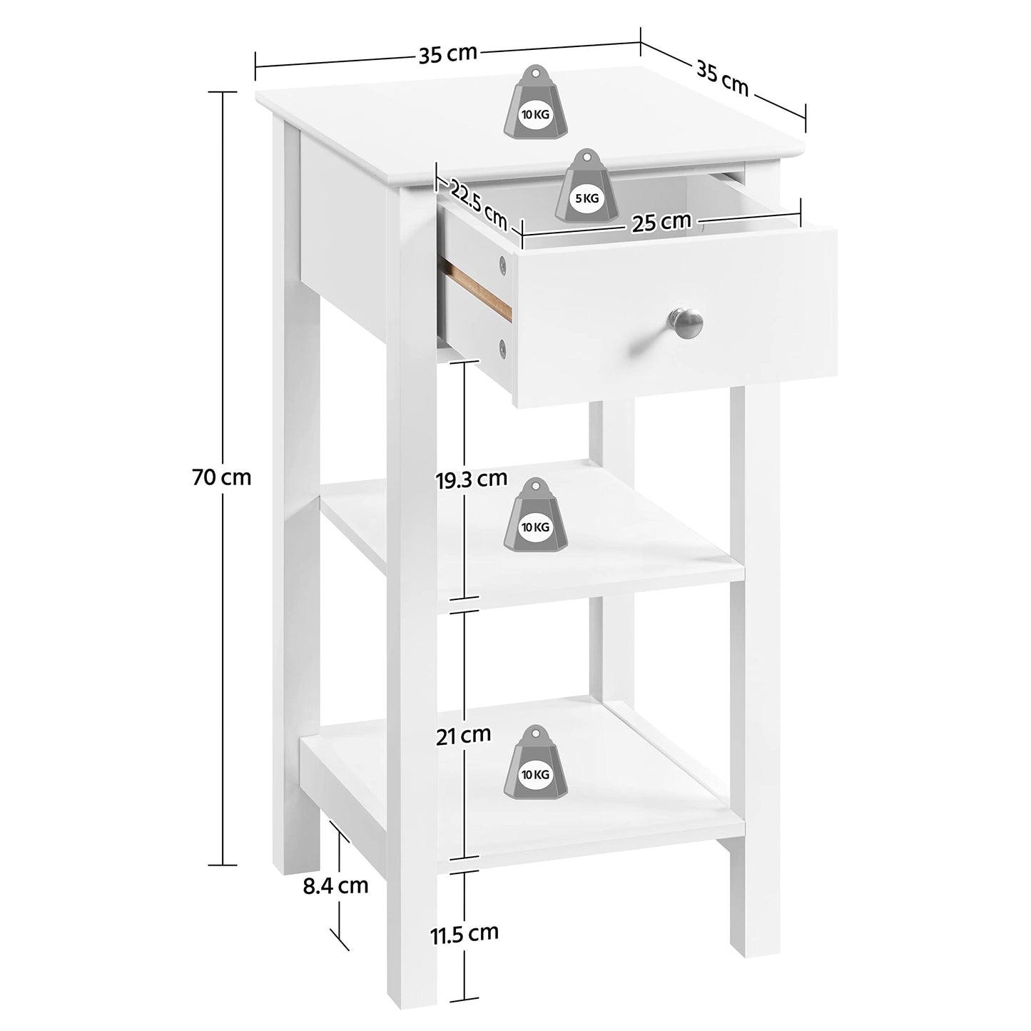 Yaheetech Bedside Table with Drawer and 2 Open Shelves, White