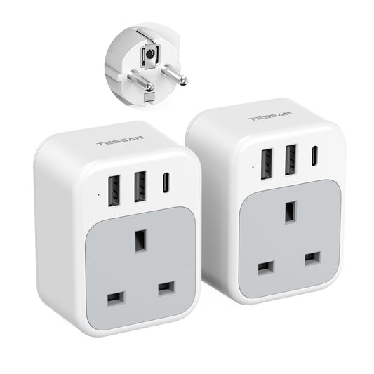 TESSAN UK to European Plug Adapter 2 Pack, USB C Travel Adapter UK to Europe with 3 USB, 4 in 1 Type E F EU Plug for Euro Spain France Turkey Germany