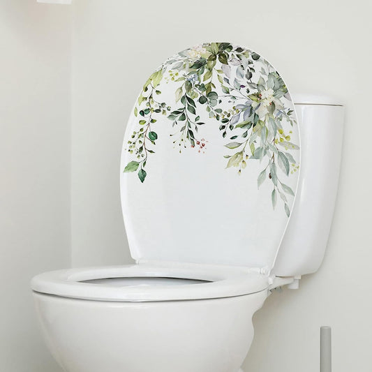 Green Plant Leaves Flowers Toilet Seat Lid Stickers Self-Adhesive Bathroom Wall Stickers Green Leaf Floral DIY Removable Waterproof Sticker for