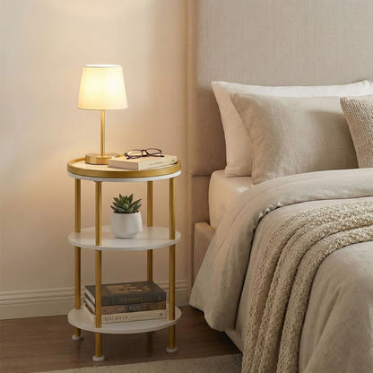 Small Round Side Table, Gold Round End Table with White Shelves, 3-Tier Modern Nightstand for Bedroom & Living Room