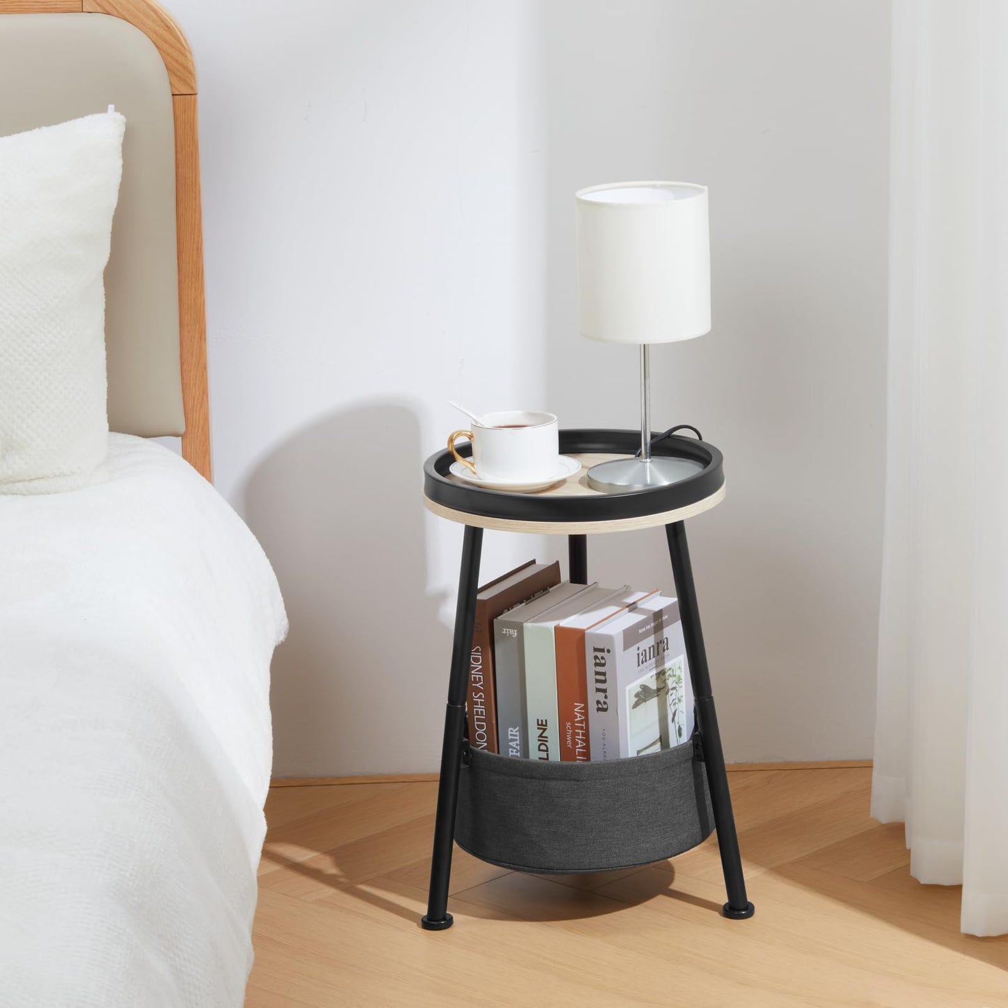DREAMSOULE Industrial Round Side Table with Storage, Small 2 Tier End Table with Basket and Storage Tray for Indoor Outdoor Patio
