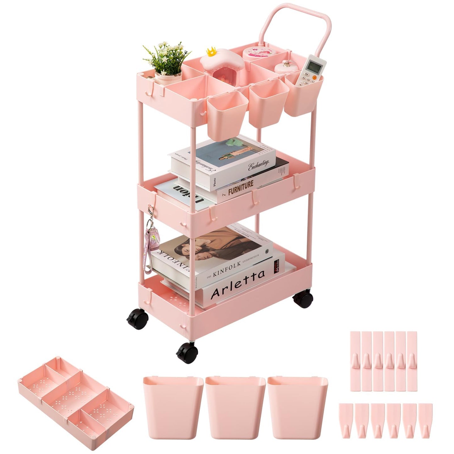 danpinera 3-Tier storage trolley, storage trolley on wheels, beauty trolley with Dividers & Hooks & Hanging Cups, kitchen trolley