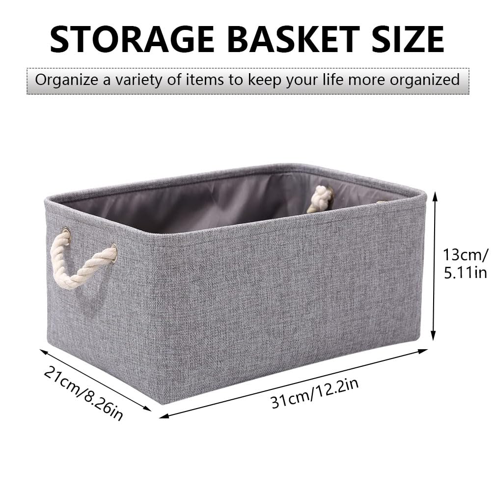 June Tech 3 Pcs Fabric Canvas Storage Boxes with Handles - Small Grey Storage Basket for Cupboards, Shelves, Toys, Clothes, Office
