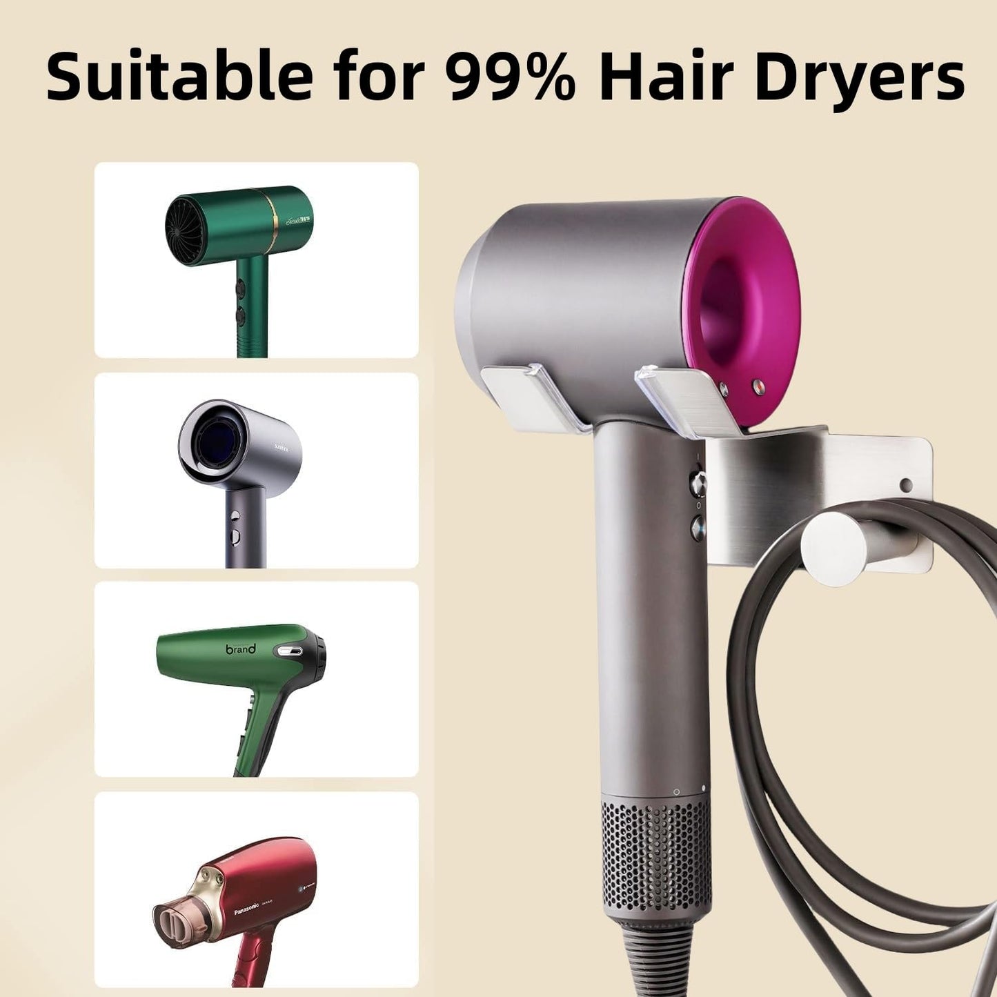 Hair Dryer Holder, Hairdryer Holder Wall Mounted for Bathroom, Stainless Steel Hairdryer Holder Station Adhesive or Drilling Installation