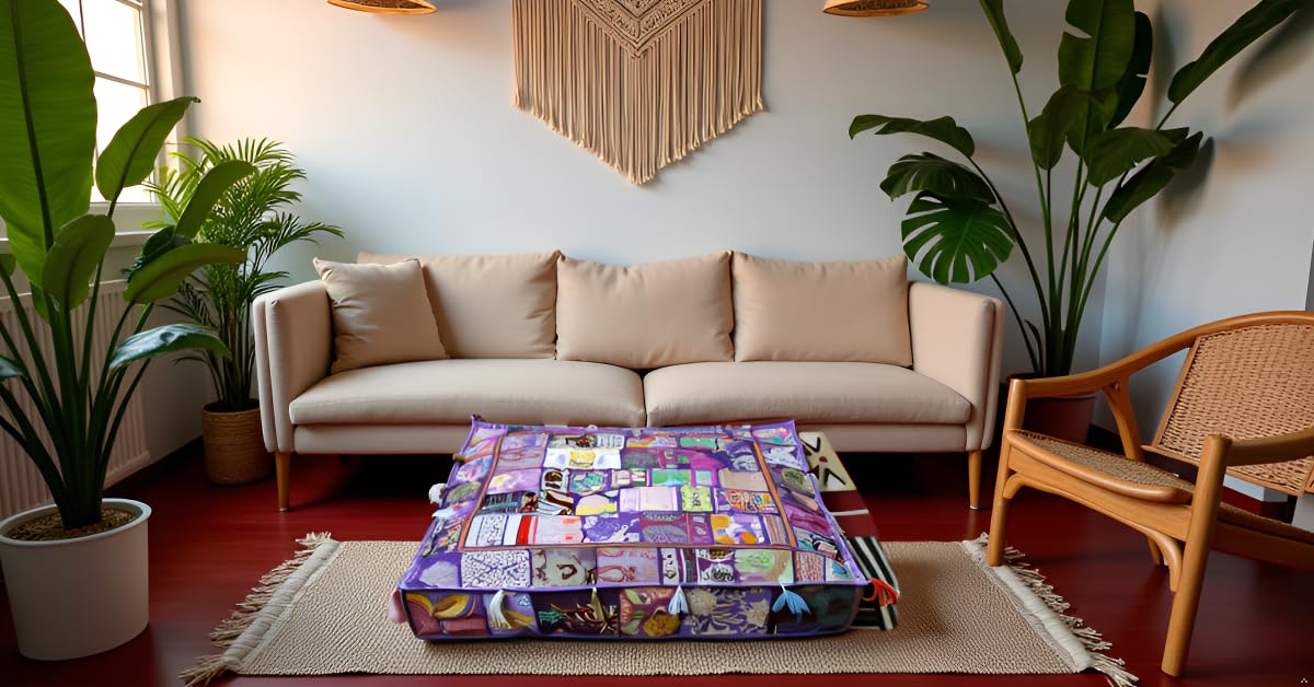 CRAFT KALA Indian Square Patchwork Traditional Pouf Cover Indian Living Room Poufs Decorative Embroidered Designer Ottoman Home Footstool Chair Cover