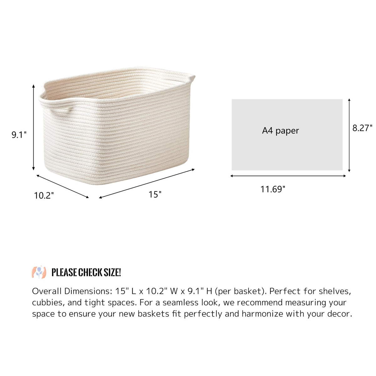 R RUNKA 3 Packs Cotton Rope Woven Basket With Handles for Shelves -15"*10.2"*9.1"White