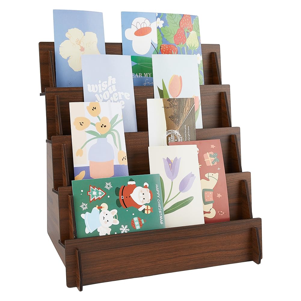 DICOSMETIC 4-Tier Greeting Card Display Stand Wooden Sticker Display Stand Card Stands 35x23.6x35cm Jewelry Organizer Holder Brown Earring Display