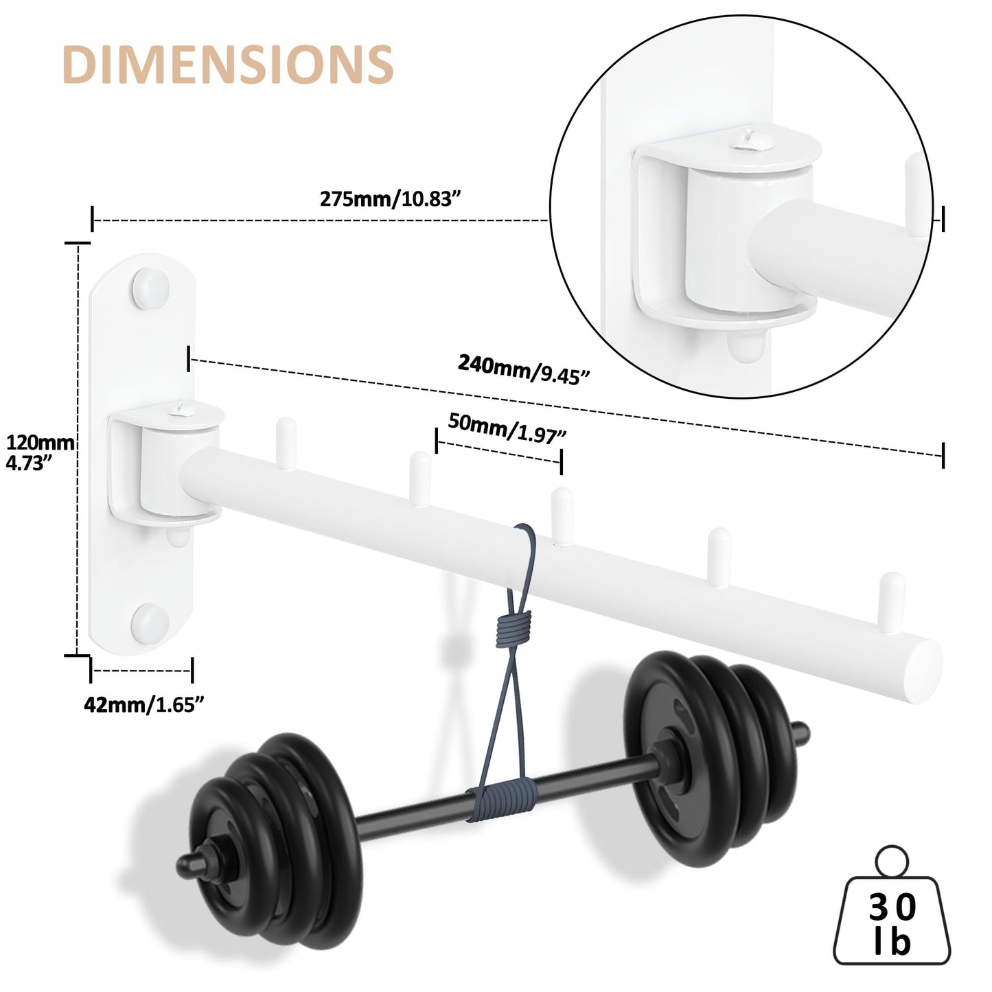 Mooche Clothes Rail Wall Mounted White, Swivel Clothes Rail, 275MM