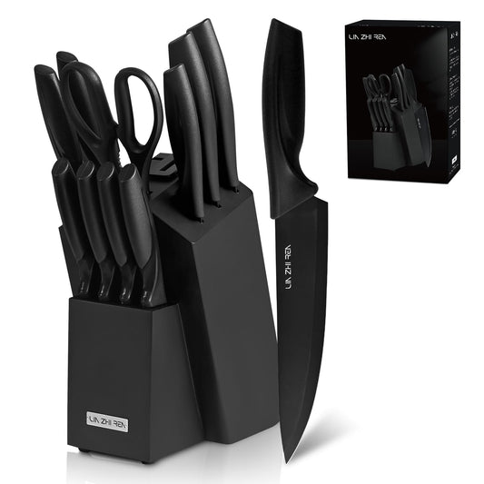LIN ZHI REN 13-Piece Kitchen Knife Set with Knife Holder Rack, Built-in Sharpener, Ergonomic Handles, Dishwasher Safe, Black