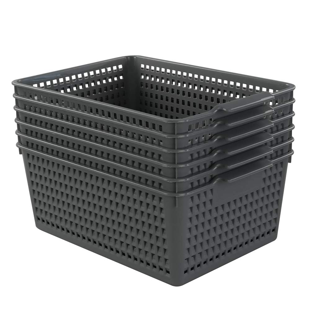 Rinboat Large Plastic Rectangle Storage Baskets, Gray, 6 Pack