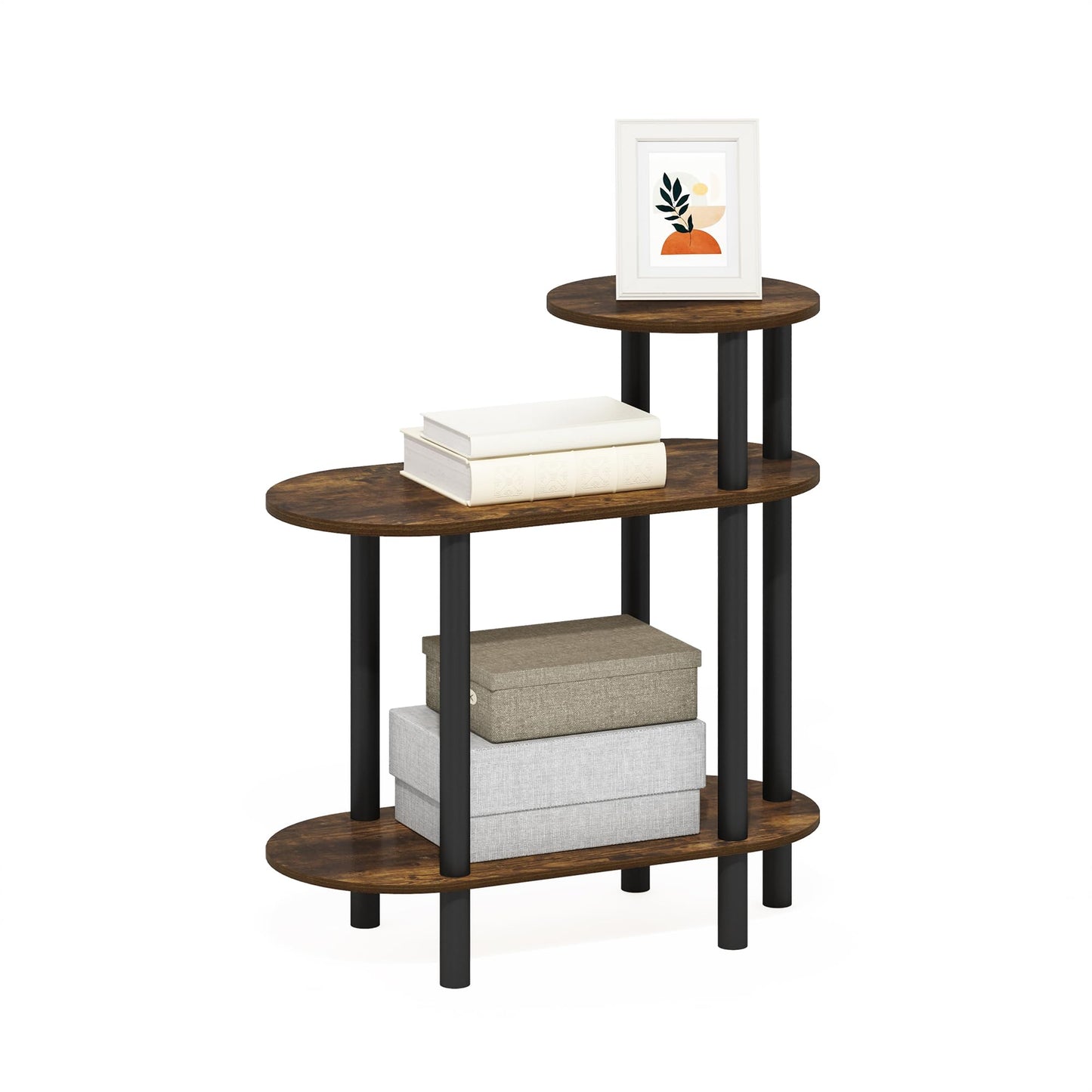 Furinno TURN-N-TUBE Side Table, 3-Tier Oval Sofa End Table with Open Shelf, Toolless Assembly Night Stand, Bedside Table, for Living Room, Bedroom