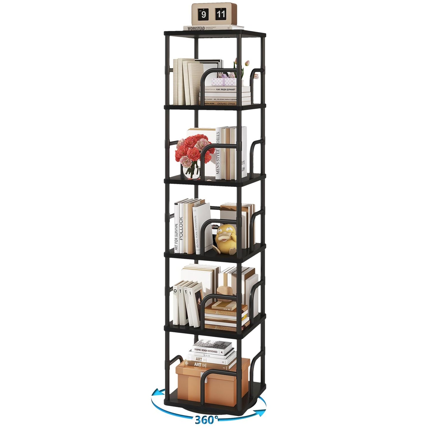 IBUYKE 6 Tier Rotating Bookshelf,Square Bookcases,Black TBC005B