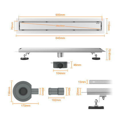 Ibergrif M42001-60 Linear Shower Drain 600mm, 2 in1 Double-sided Tile Insert Stainless Steel Invisible Bathroom Floor Drain Set with Odor Stop and