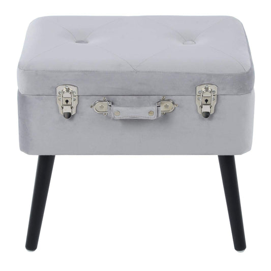 Hodge and Hodge Suitcase Storage Stool Velvet Padded Seat Black Legs Silver Latch Trunk Silver Grey