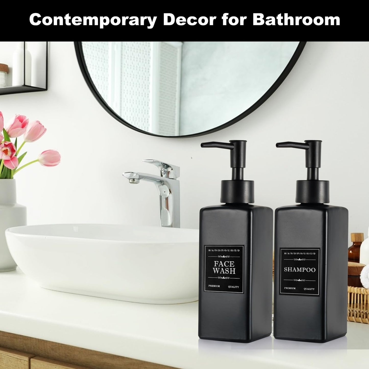 MirraSwit Black Glass Soap Dispenser with Tray, 350ML Square