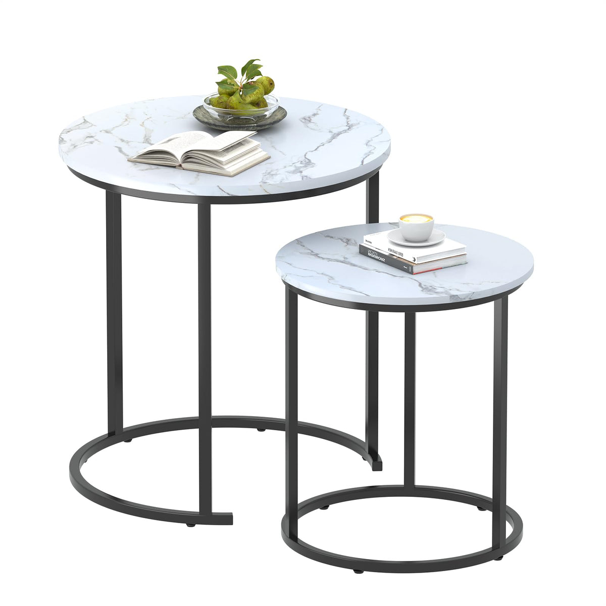 Garden 4 you Nest of Tables Set of 2,Round Coffee Table for Living Room,White Removable Coffee Table Set,Nesting Tables End Table for Living Room