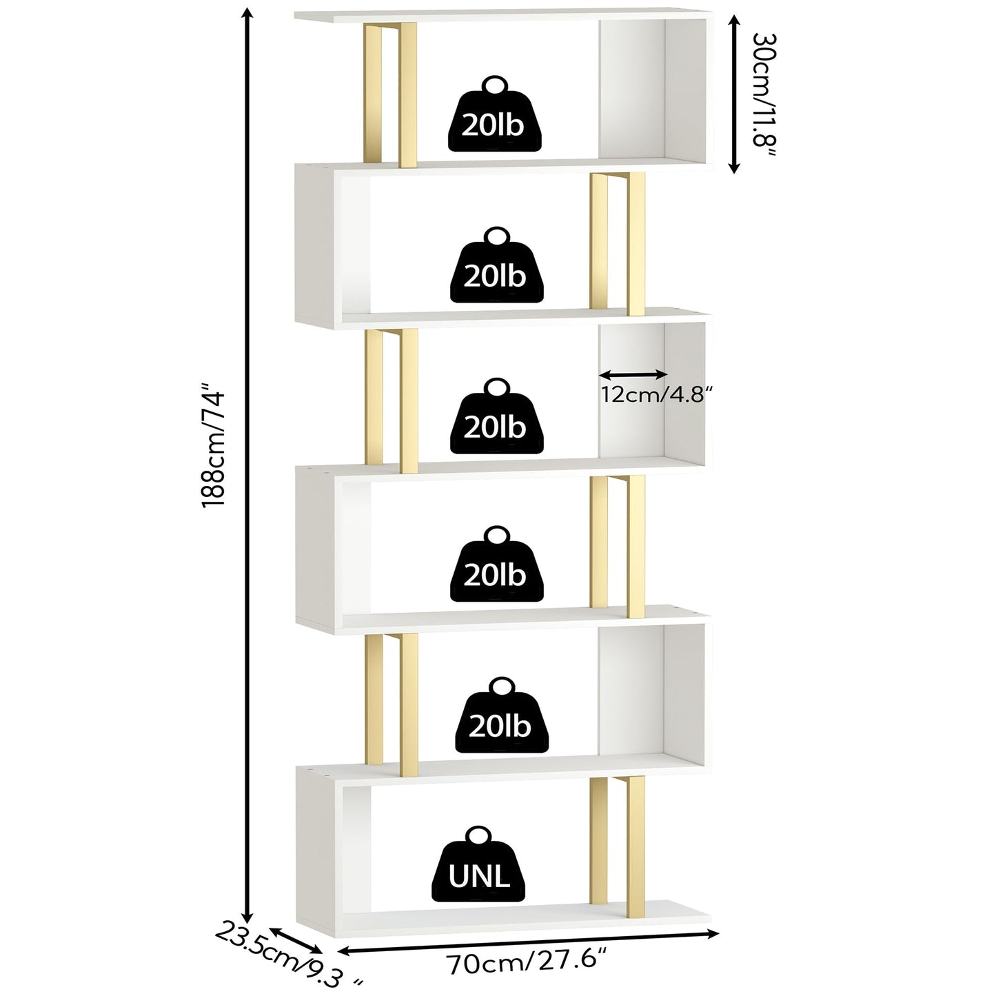 Yusong Bookshelf 6-Tier, Geometric Bookcase S Shaped Book Shelves for Bedroom, Modern Wood Decorative Display Shelf Tall Book Case for Home Office
