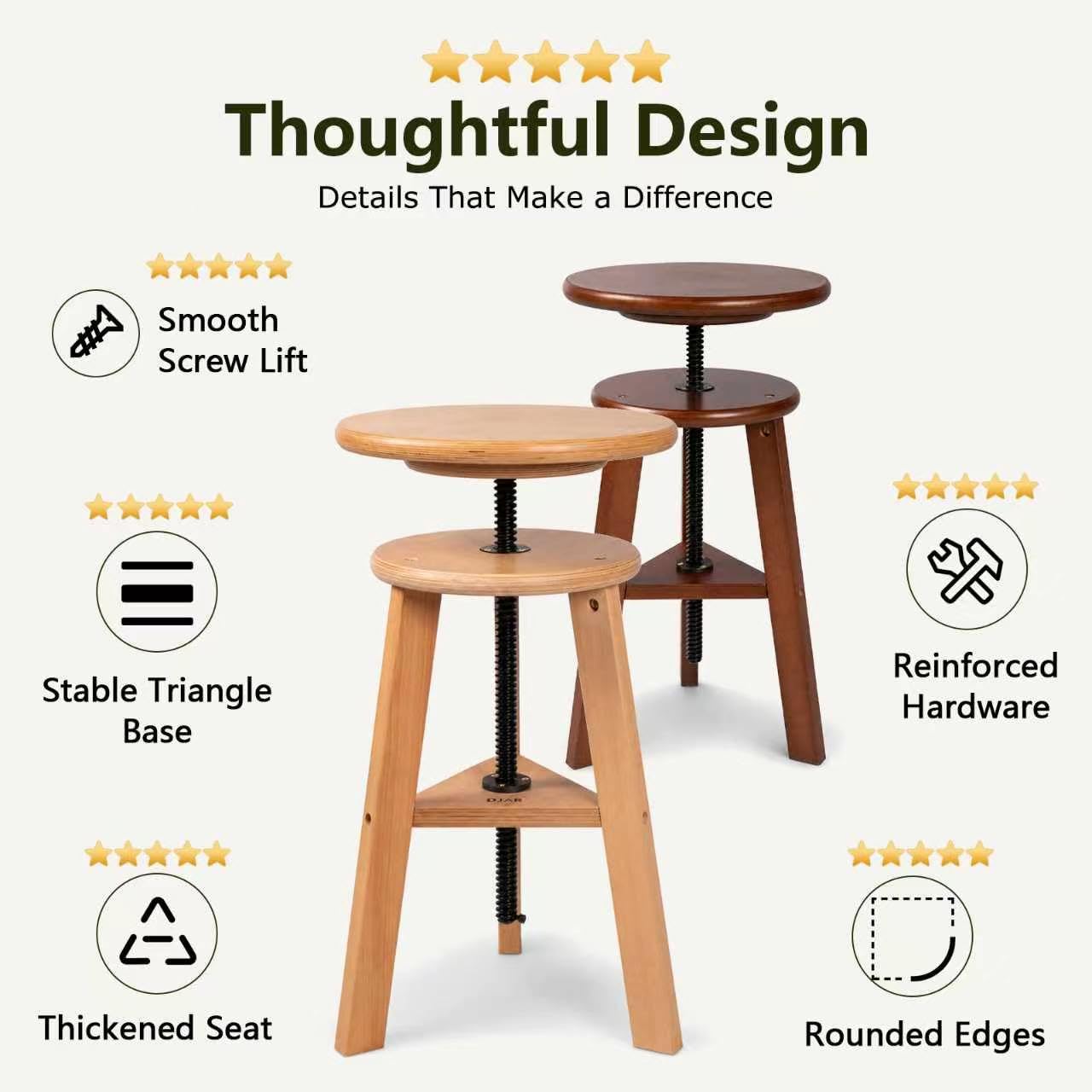 DJAR Wooden Drafting Stool Chair, Adjustable Beech Wood Artist Stool, Swivel Seat 19"-26", Tall Wooden Stool for Studio, Kitchen