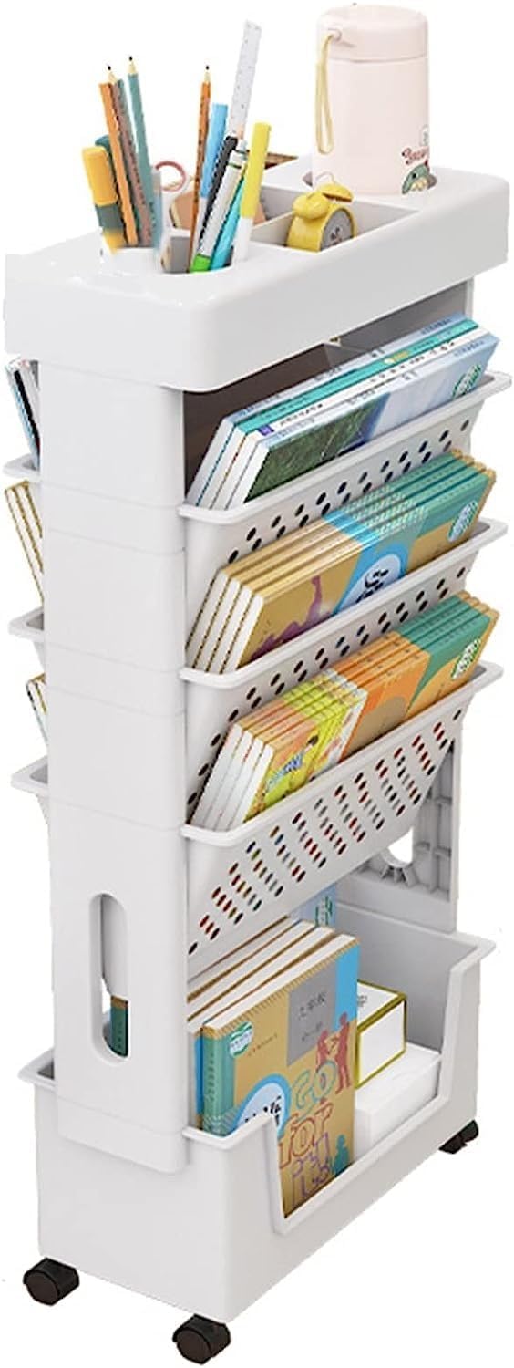 CIFFRA Mobile Bookshelf with Wheel, Large Capacity Magazine Rack Book Cart Removable Storage Organizer Kids Bookshelf