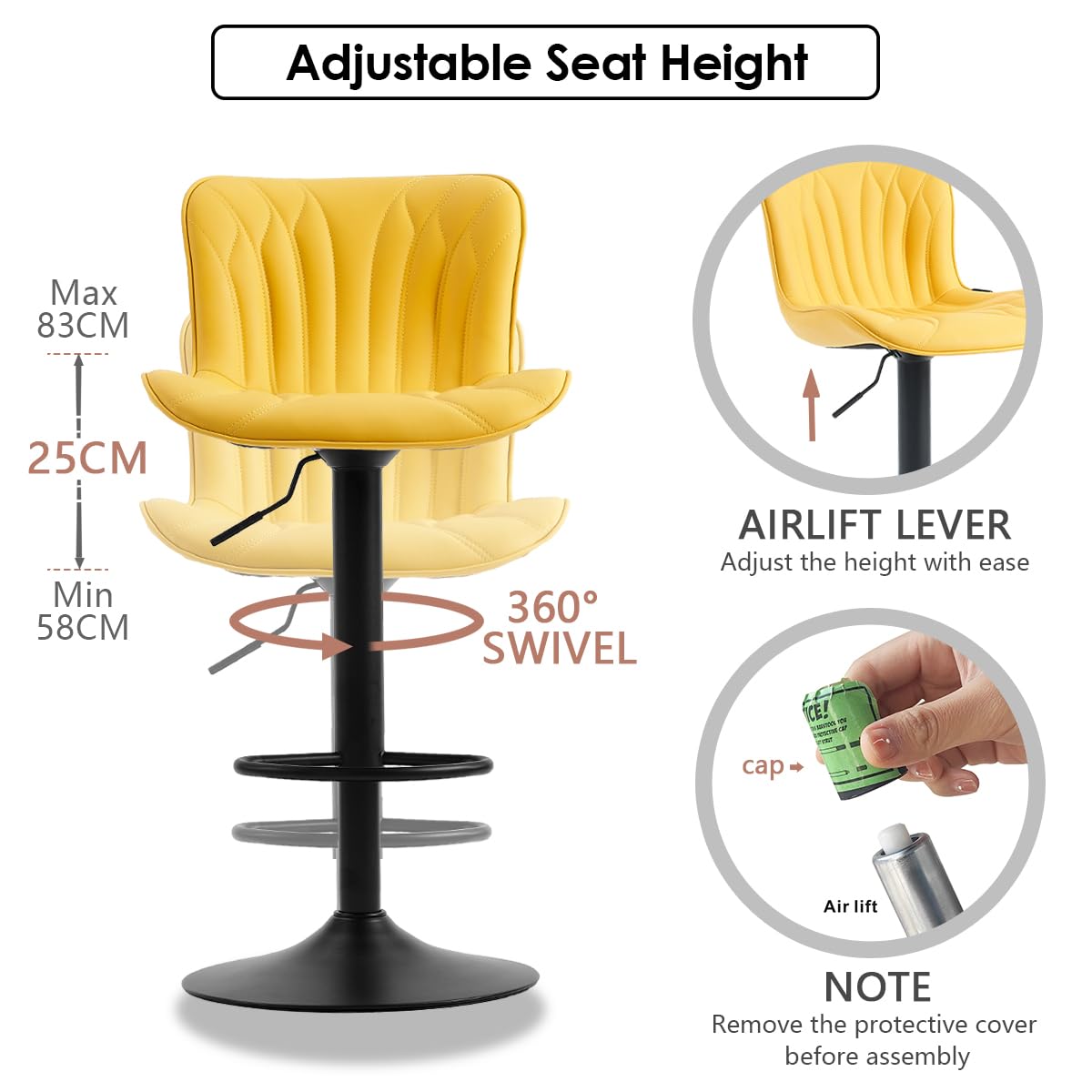 Kidol & Shellder Bar Stools Set of 2 Swivel Breakfast Barstools, Yellow