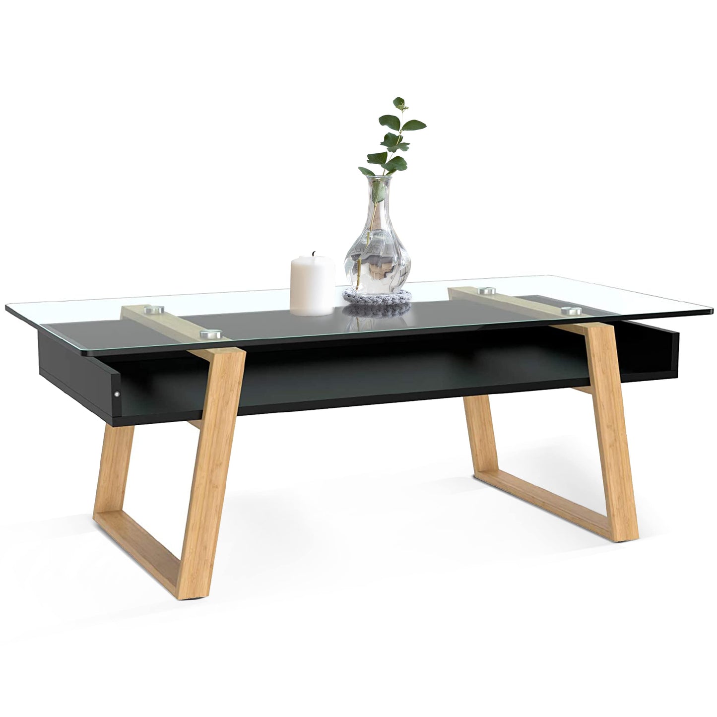 bonVIVO Black Glass Coffee Table with Bamboo - Modern Glass Table Living Room with Shelf 110 x 55 x 40 cm