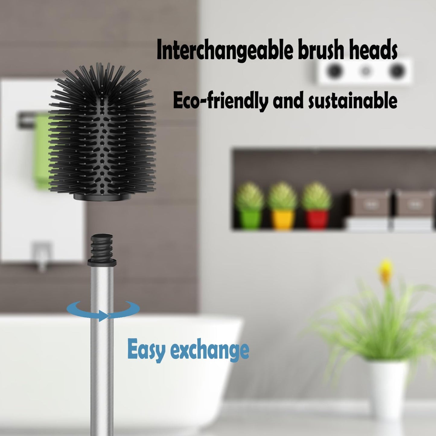 WAVEWO Silicone Toilet Brush with 2 Brush Heads, 7 cm Diameter Toilet Brush Made of 304 Stainless Steel for Bathroom Cleaning (Silver)