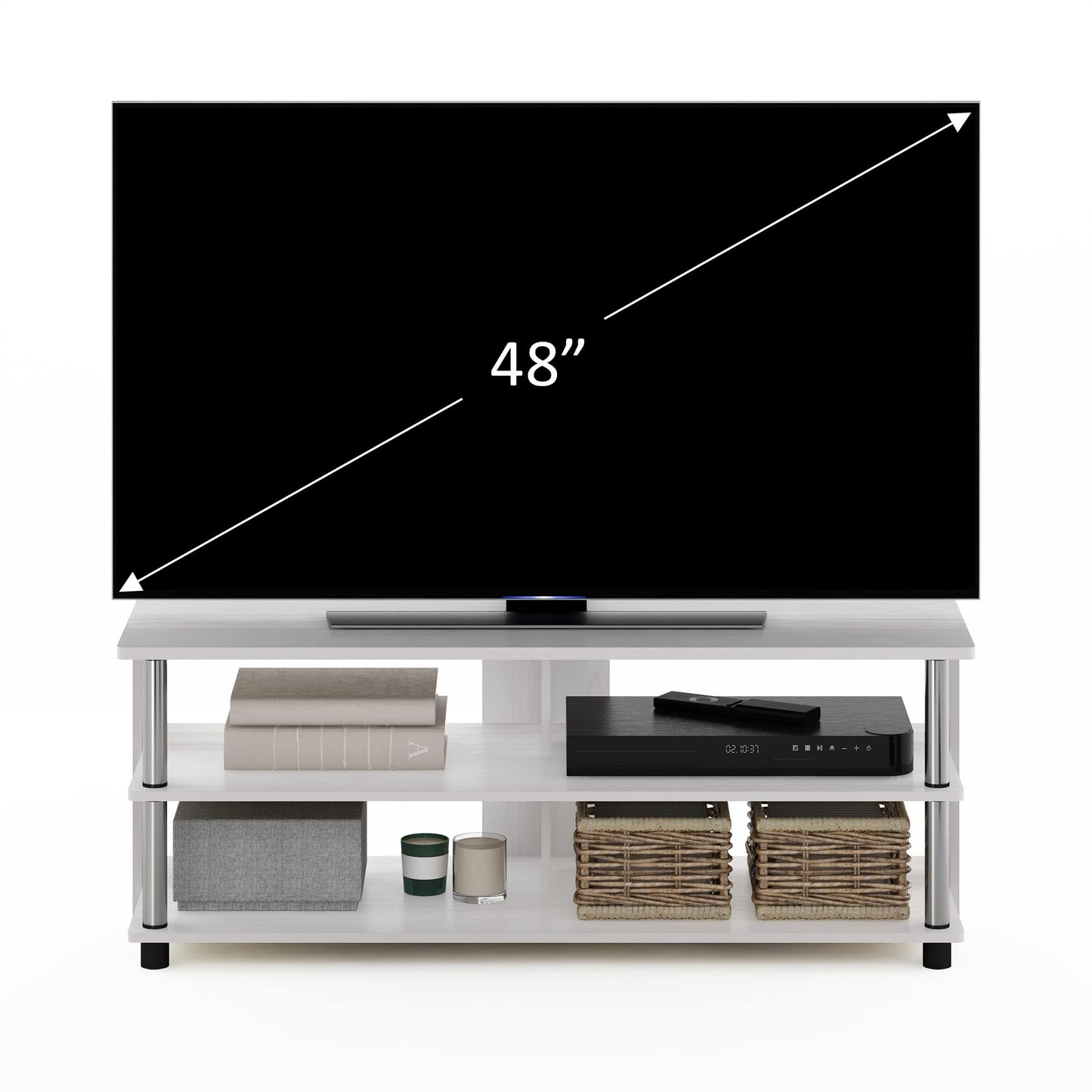 Furinno SULLY TV Stand, 3-Tier Entertainment Center, TV Console for TV up to 48 Inch, for Living Room, Bedroom, White Oak/Stainless Steel Tubes