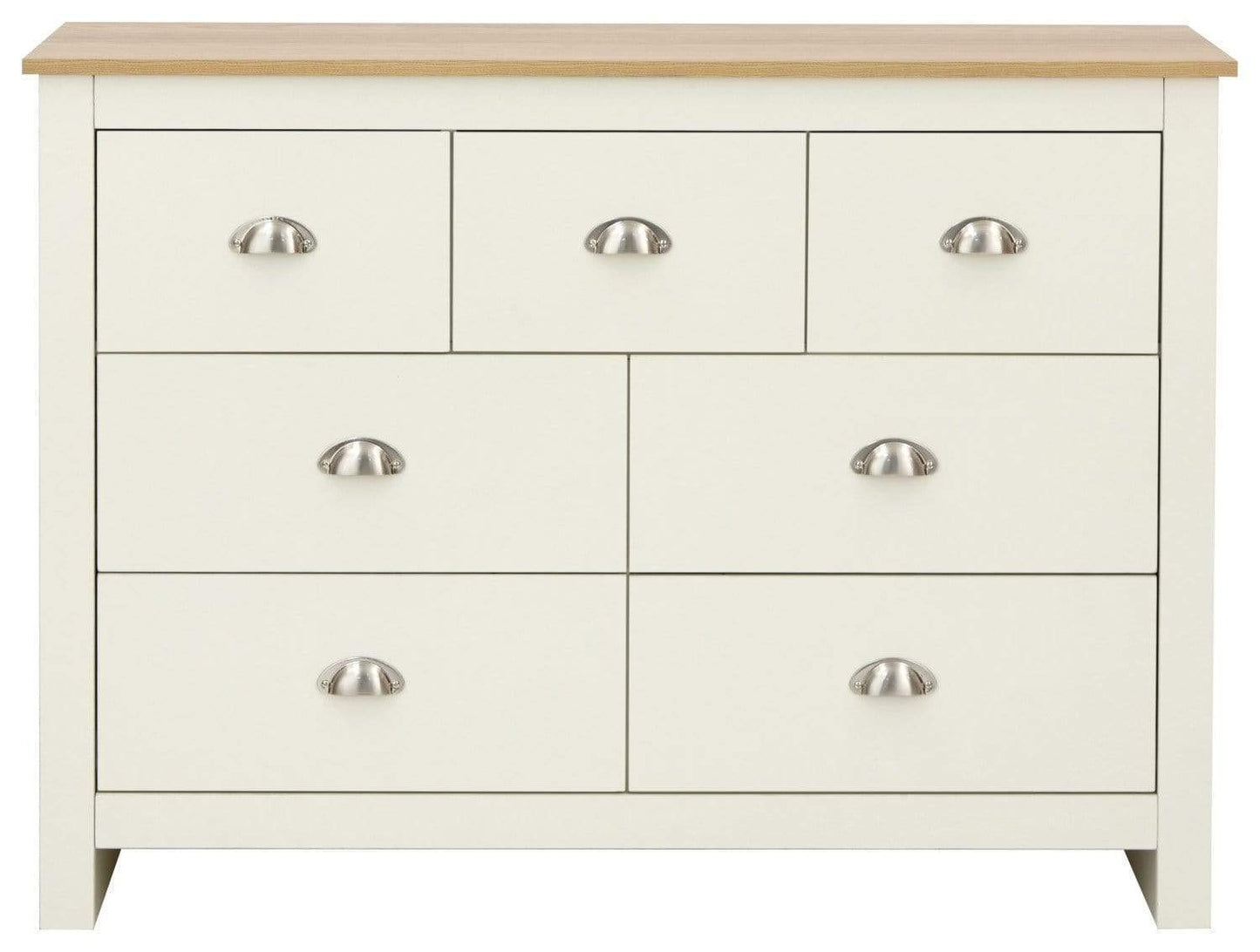 GFW Lancaster Wooden 7 Drawer Chest With Steel Cup Handle & 28.4 Litre Drawers, Modern Bedroom Furniture Chest Of Drawers Storage Unit, Contrast Oak