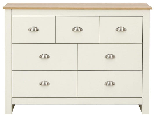 GFW Lancaster Wooden 7 Drawer Chest With Steel Cup Handle & 28.4 Litre Drawers, Modern Bedroom Furniture Chest Of Drawers Storage Unit, Contrast Oak