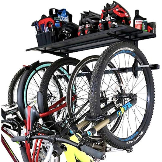 StoreYourBoard 5 Bike Storage Rack with Shelf, Holds 135 kg, Indoor Wall Mount, Adjustable Cycling Organizer