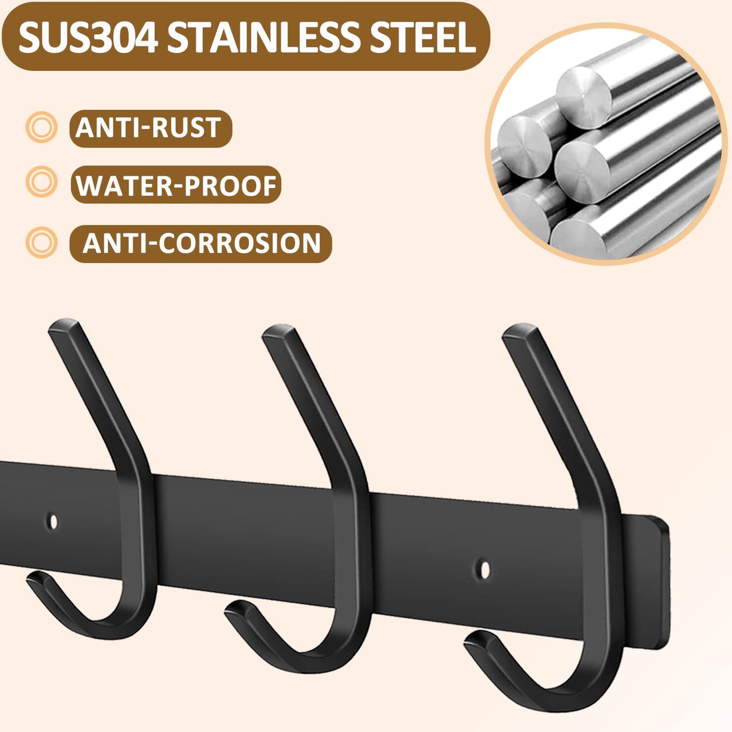 JOLY FANG Coat Hooks Wall Mounted - 2 Packs Wall Coat Rack Stainless Steel with 6 Hooks, Modern Wall Coat Hanger for Bedroom, Kitchen & Entryway