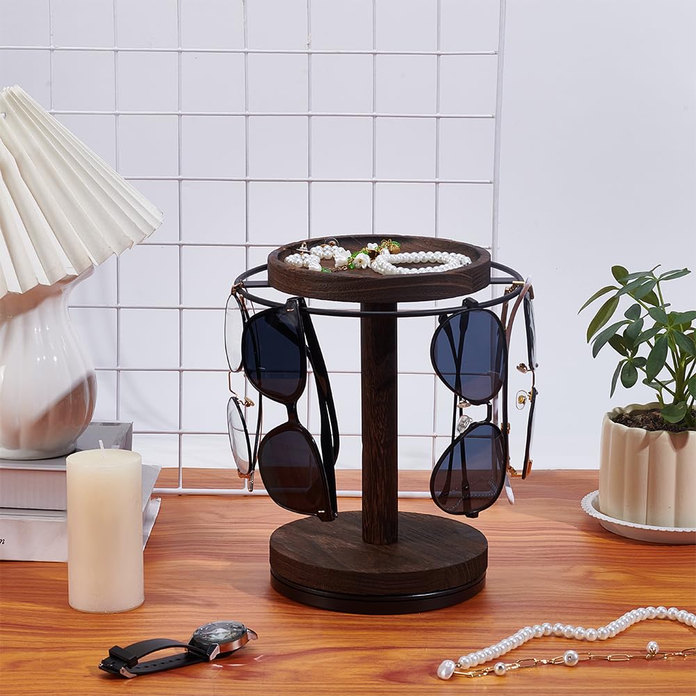 UNICRAFTALE Sunglasses Organizer 360° Rotating Eyeglass Holder Stand with Wood Tray and Base Eye Glass Display Rack for Multiple Sunglass Storage for