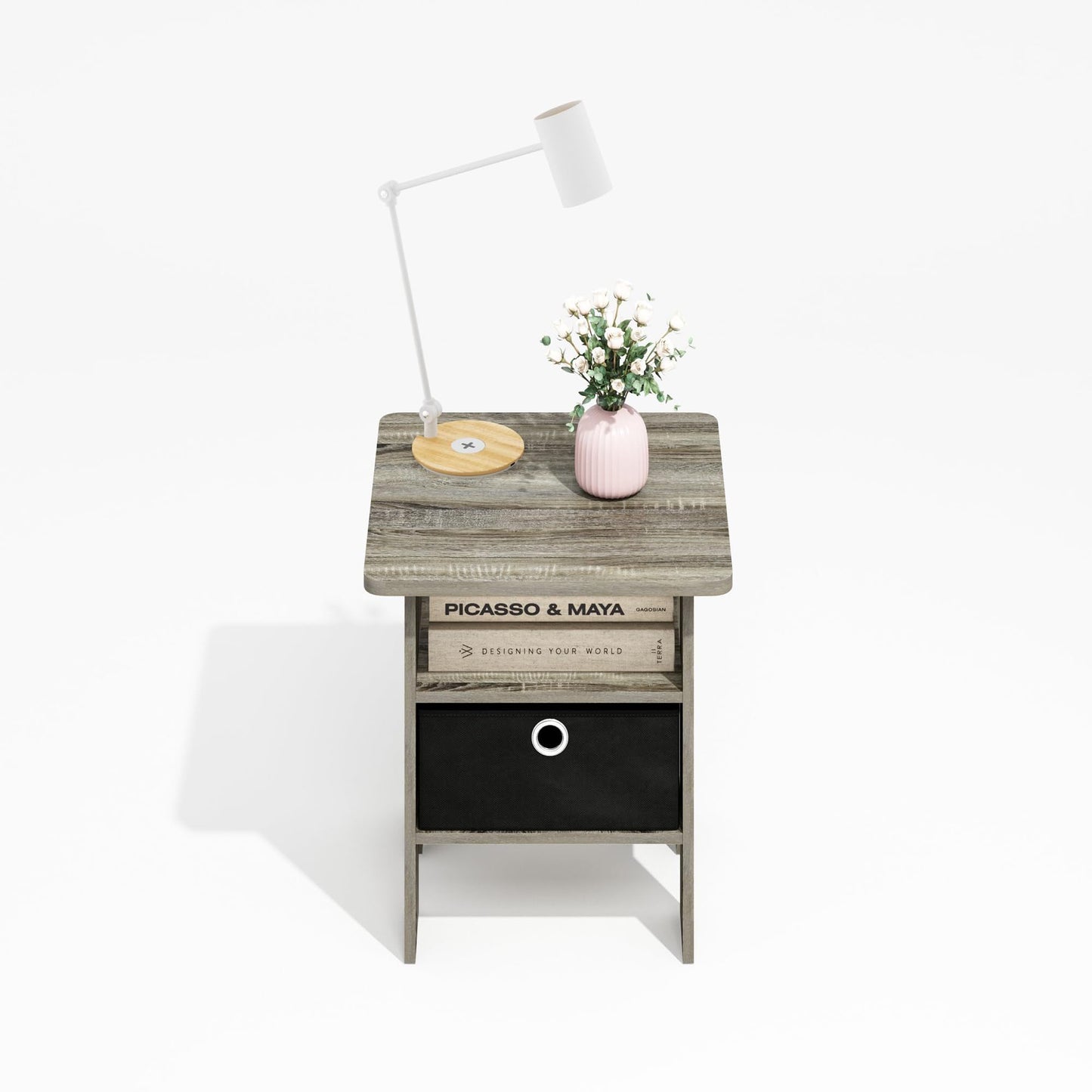Furinno MODERN Square Top Side Table with Storage Bin, Grey Oak