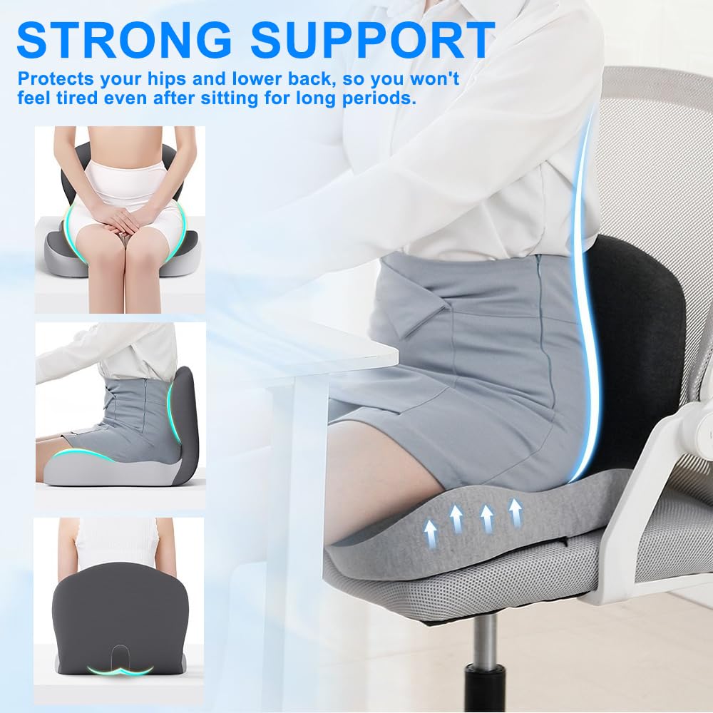 Weciau Memory Foam Seat Cushion, Ergonomic Coccyx Cushion for Tailbone Pain with Non-Slip Base, Detachable Office Chair Cushions for Workers