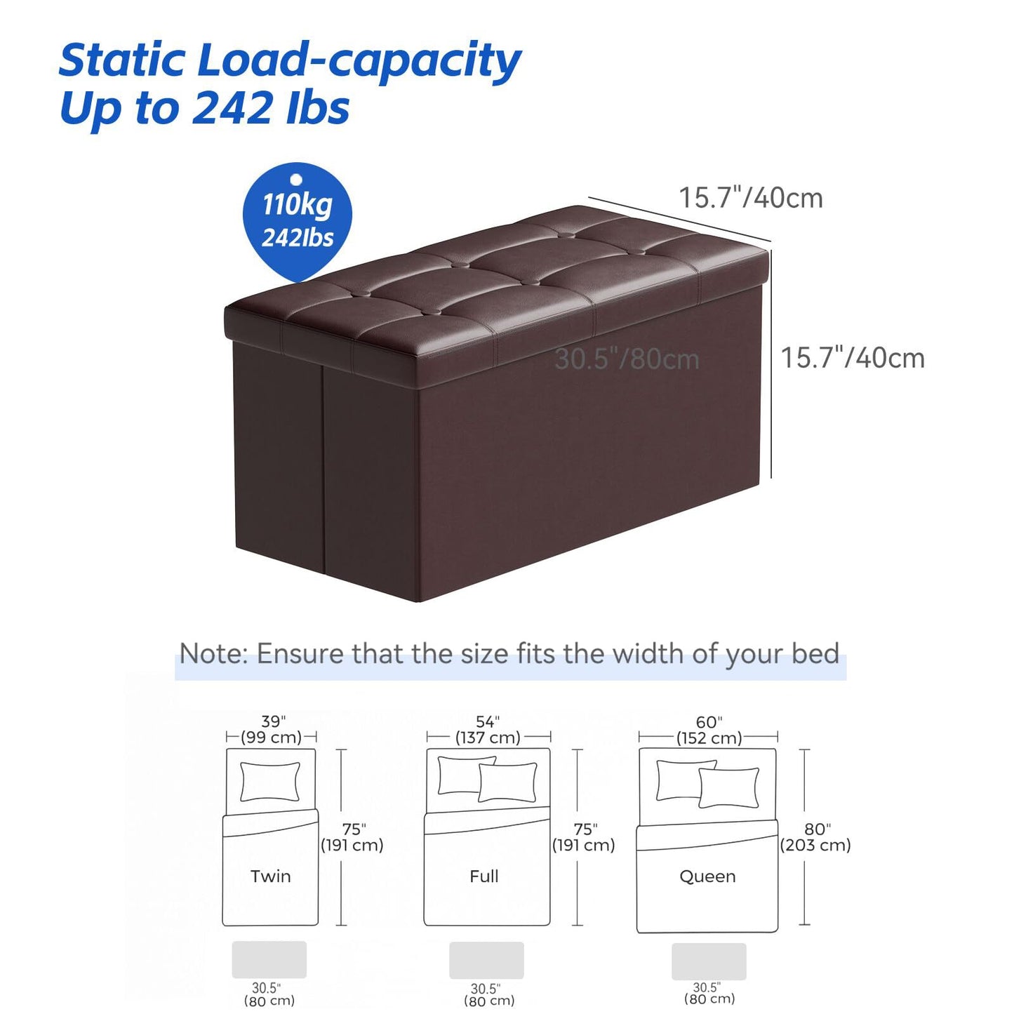 BRIAN & DANY Folding Ottoman Bench Storage Box with Lid, Large Storage Seat Faux Leather Footstool Toy Storage Box, Brown, 80 x 40 x 40 cm