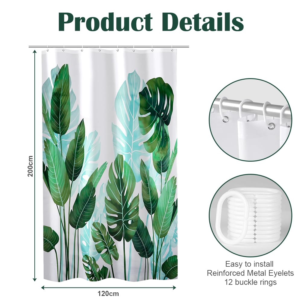 HAGOT Shower Curtain, Water and Mould Resistant Bathroom Curtain, Polyester Machine Washable Fabric, Bath Curtain with Hooks, 120 x 200 cm