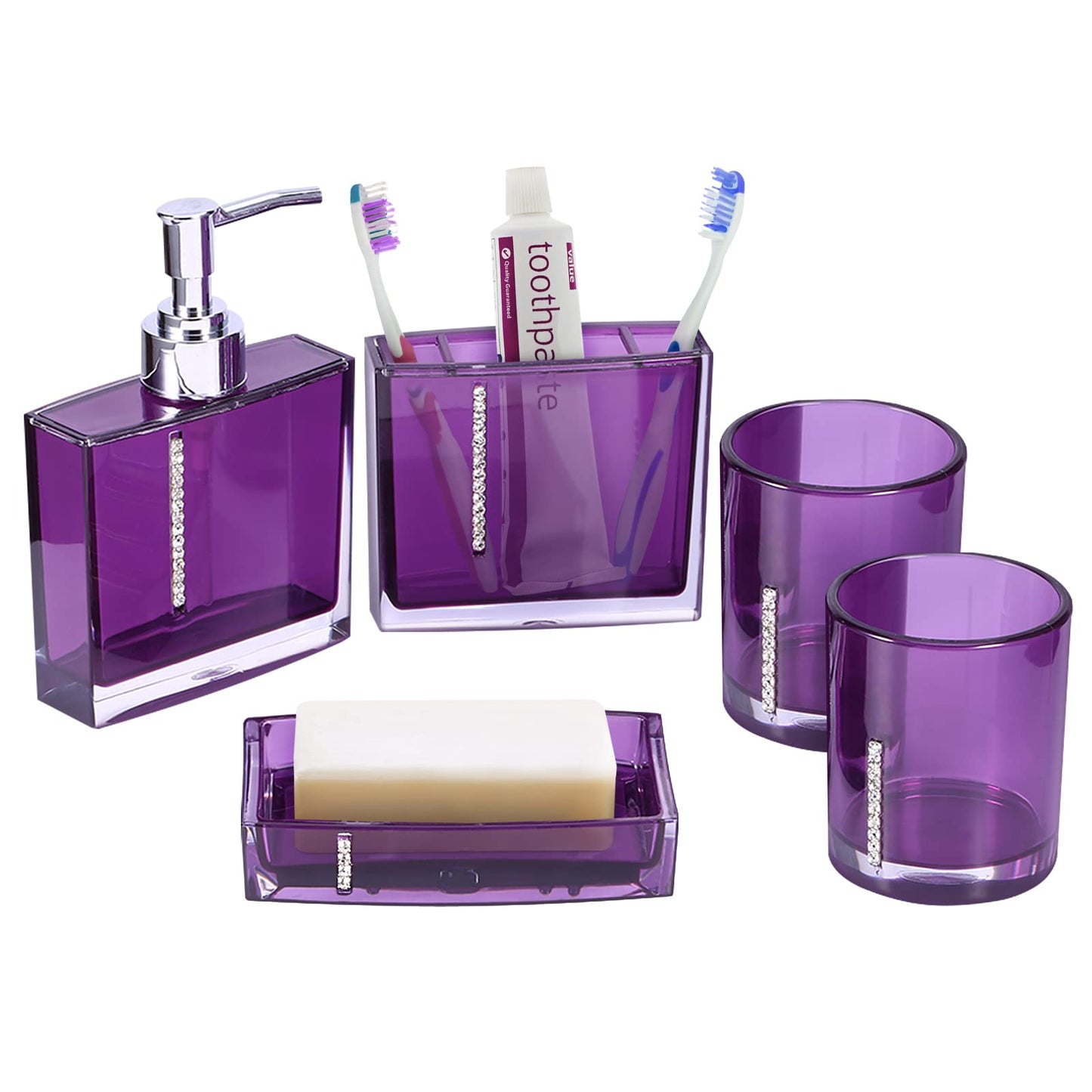 5 Piece Bathroom Accessory Set, Modern Design Acrylic Luxury Bath Vanity Set with Soap Dish, Tooth Brush Holder, Emulsion Bottle