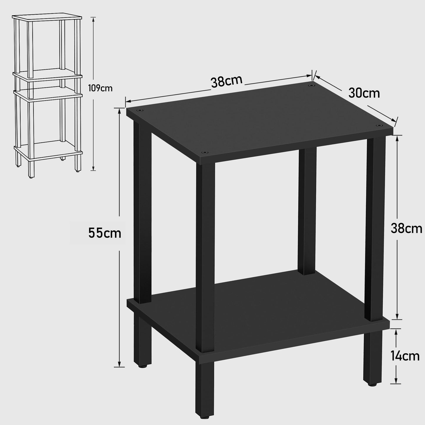 TUTOTAK Side Table, Set of 2, Bedside Table, Night stand, 2-Tier Storage Shelf, End Table for Small Space, Living Room, Bed Room, Black V1TB01BK035EU